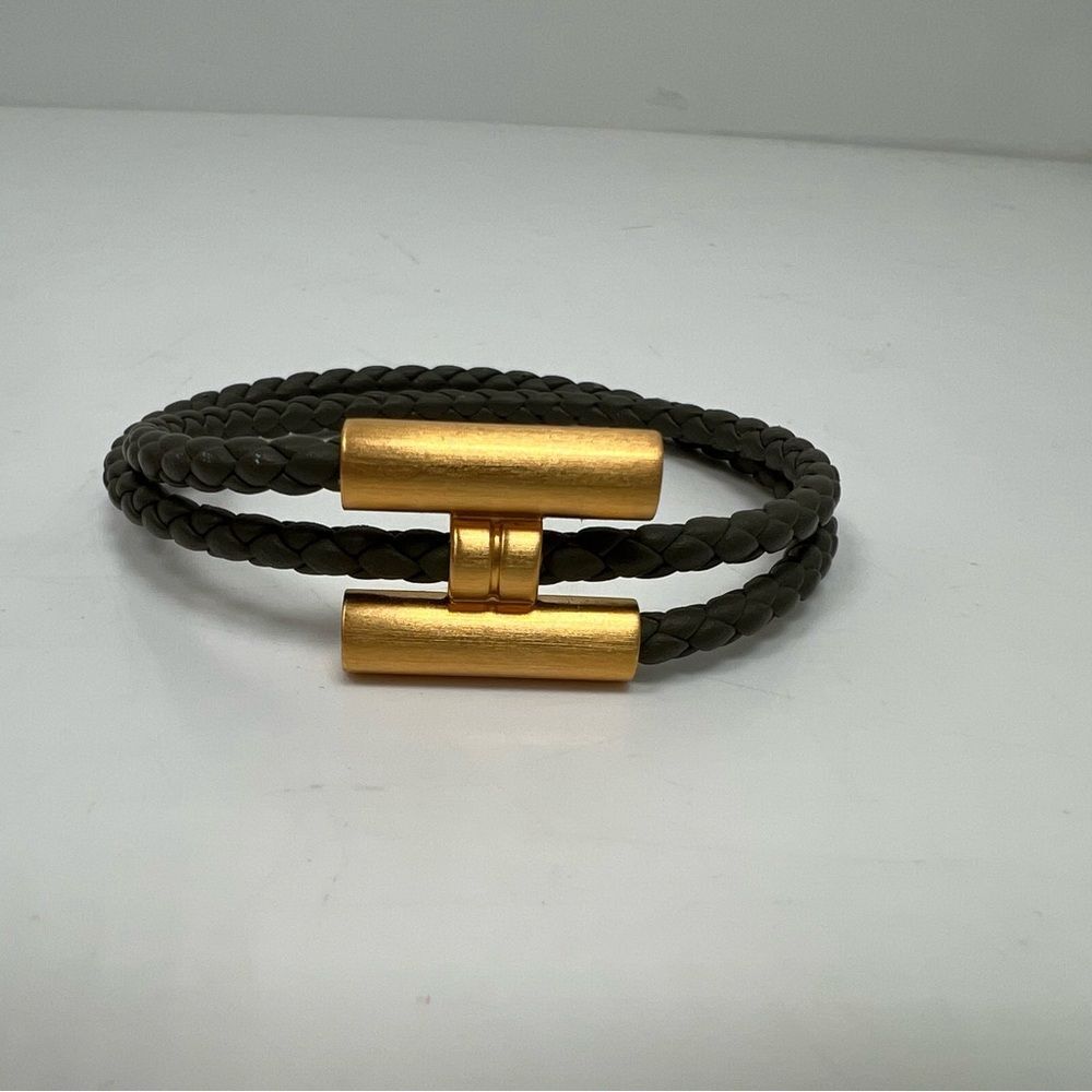 Hermes Tournis Tresse Olive Green Braided Leather Bracelet Gold Hardware In Box - Picture 2 of 5
